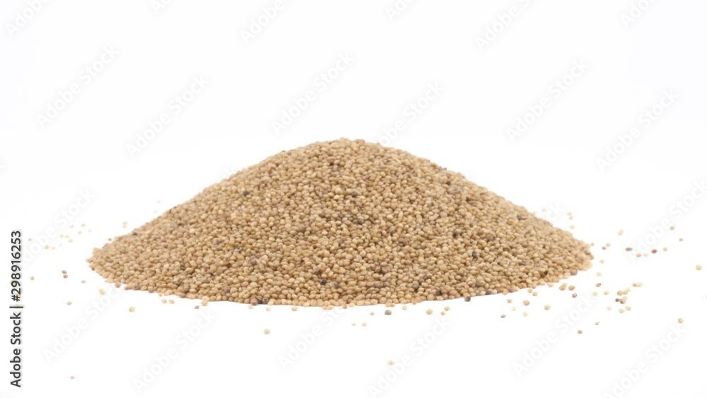 Handful of amaranth seeds rotating. Healthy nutrition concept. Isolated, on white background