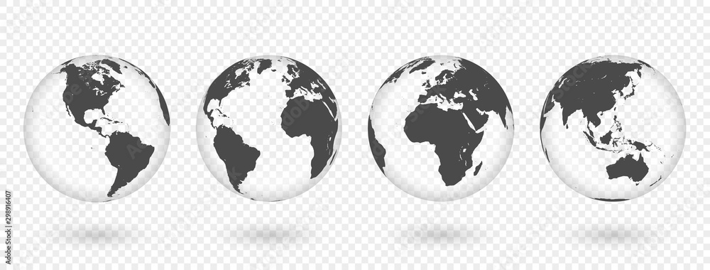 Obraz Zestaw przezroczystych globusów Ziemi. Realistyczna mapa świata w kształcie globu z przezroczystą teksturą i cieniem