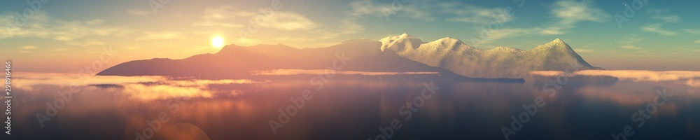 Panorama of the bay at sunset. Seascape in the morning in the fog