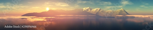 Fototapeta Naklejka Na Ścianę i Meble -  Panorama of the bay at sunset. Seascape in the morning in the fog