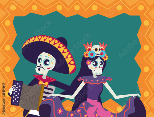 dia de los muertos card with mariachi playing accordion and catrina