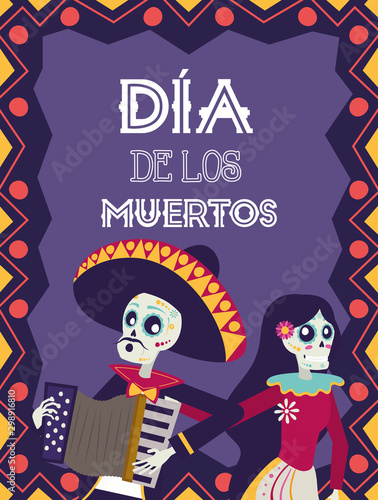 dia de los muertos card with mariachi playing accordion and catrina
