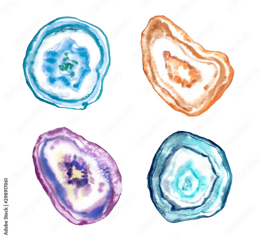 Watercolor hand painted nature crystal stone slice illustration set isolated on white background