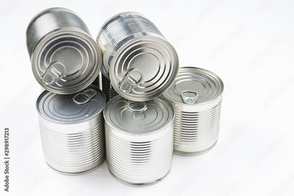 Group of silver canned food on white background. Group of silver canned food on white background.