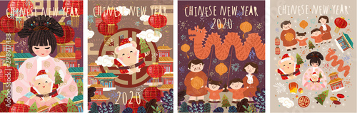 Happy Chinese New Year! 2020 is the year of the rat. Vector japanese or korean illustrations for asian holiday: mouse, geisha woman in kimono with santa claus, family celebrates new year