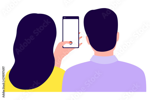Couple man and woman holding smartphone, back view. Girl taking photo, selfie. Pair photo girl and guy on phone. Vector illustration