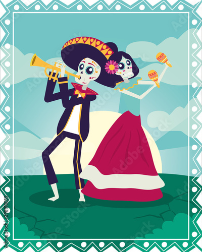 dia de los muertos card with mariachi playing trumpet and catrina
