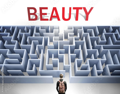 Beauty can be hard to get - pictured as a word Beauty and a maze to symbolize that there is a long and difficult path to achieve and reach Beauty, 3d illustration photo