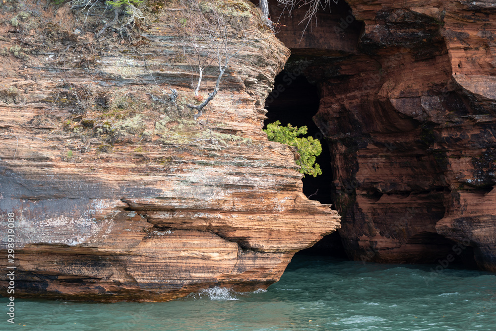 Close up of a mouth of a sea cave on the Apostle Islands National Lakeshore in Wisconsin