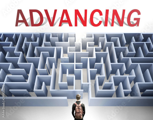 Advancing can be hard to get - pictured as a word Advancing and a maze to symbolize that there is a long and difficult path to achieve and reach Advancing, 3d illustration photo