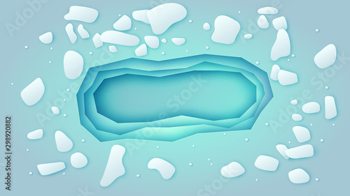 Illustration of Broken blue ice background with rectangle hole space. paper cut and craft style. vector, illustration.