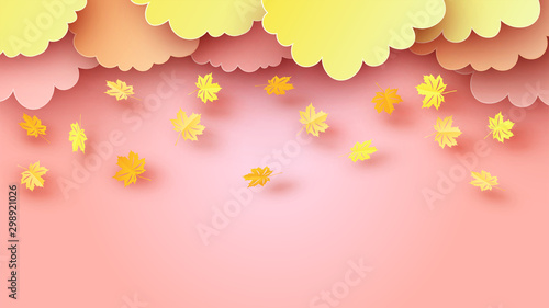 Illustration of Autumn with maple leaves are falling in forest. and place for your text space. Maple forest In the fall. paper cut and craft style. vector, illustration.