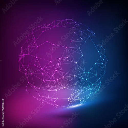 Network graph of connected nodes. Social media graph of users. Sphere cluster of communication links. Technology abstract background.