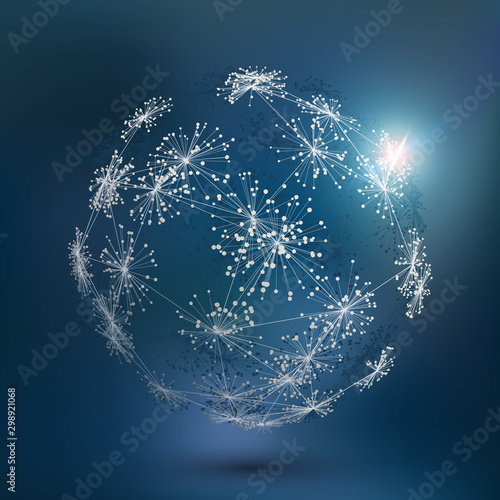 Network information background. Connected spherical system. Big data visualization. Social media graph of users.