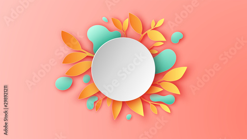Autumn circle frame decorated with colorful leaves, water drop and text space. Autumn circle frame template. paper cut and craft style. vector, illustration.