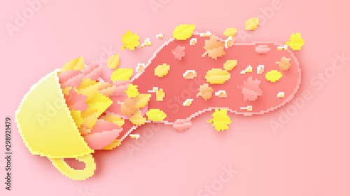 Design colorful leaves inside a coffee cup with spilled coffee. Graphic design for Autumn. Paper cut and craft style. vector, illustration.