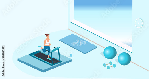 Vector of a fit woman running on treadmill in a fitness gym