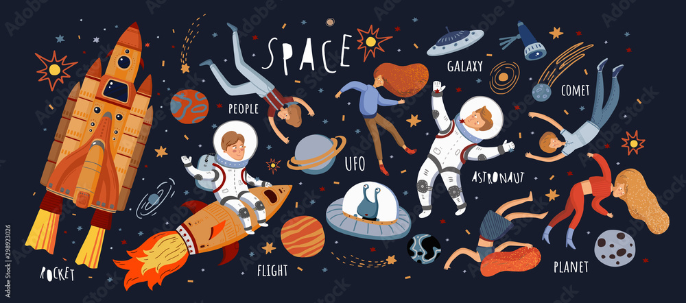Space! Vector cute illustrations of space objects: rocket, astronaut ...