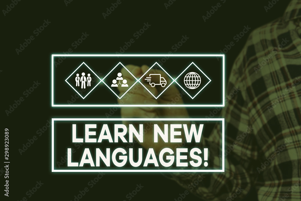 Obraz premium Text sign showing Learn New Languages. Business photo showcasing developing ability to communicate in foreign lang Picture photo system network scheme modern technology smart device
