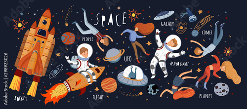 Space! Vector cute illustrations of space objects: rocket, astronaut, alien, flying people, stars, comet, moon, sky. Drawings for card, background or banner.