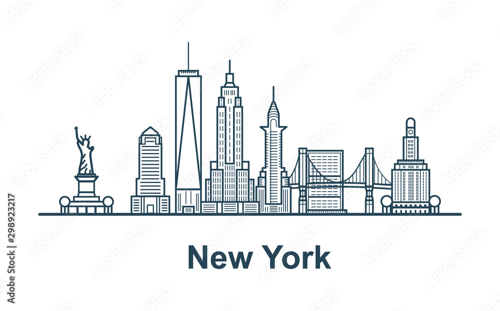 Linear banner of New York city. All buildings - customizable different objects with background fill, so you can change composition for your project.