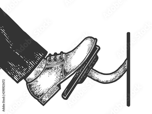 Foot presses throttle car accelerator pedal sketch engraving vector illustration. T-shirt apparel print design. Scratch board style imitation. Black and white hand drawn image.