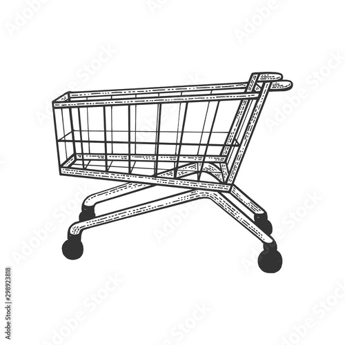 Shopping cart sketch engraving vector illustration. T-shirt apparel print design. Scratch board style imitation. Black and white hand drawn image.