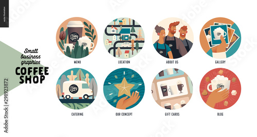 Coffee shop -small business illustrations -web icons -modern flat vector concept illustration of website template elements -icons menu, location, about us, gallery, catering, concept, gift cards, blog