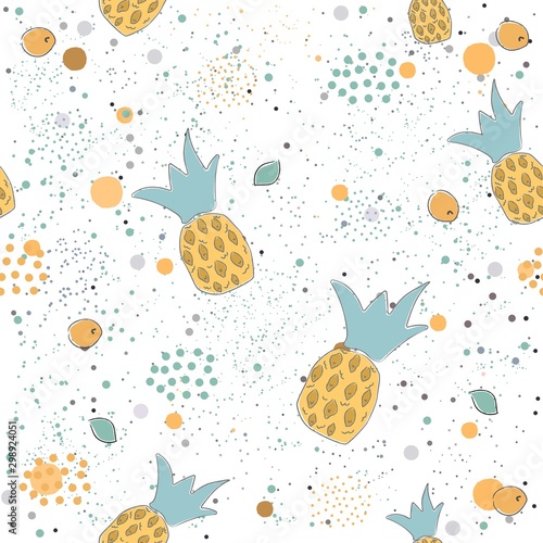 Hand Drawn Seamless Pattern with pineapples, leaves and stars.