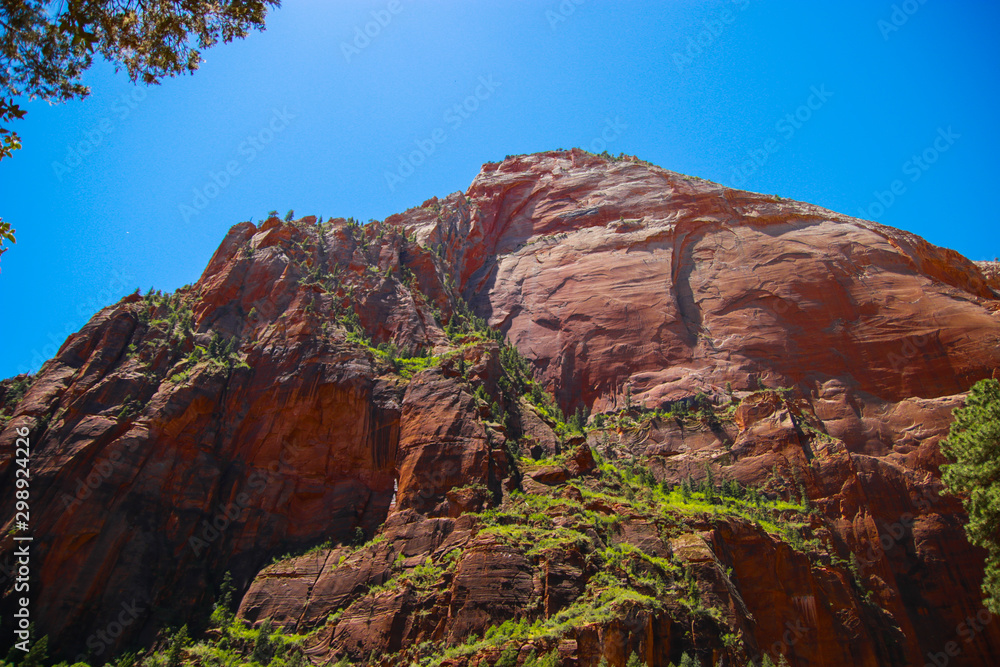 Huge red rocks in Zion Canyon National Park, Utah. USA. Hiking adventures, traveling, rocks.