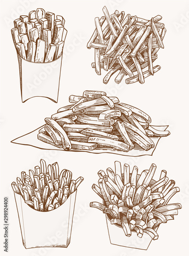Graphical vintage set of french fries, retro illustration,fast food