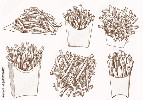 Graphical vintage set of french fries, retro illustration,fast food
