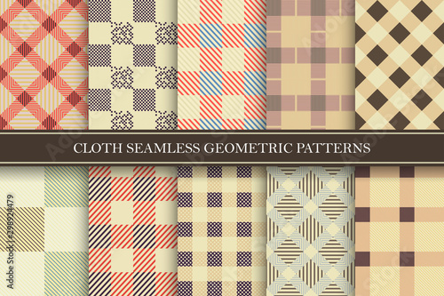 Collection of textile geometric patterns in retro style. Colorful fabric repeatable textures. Striped and checkered design - tileable backgrounds