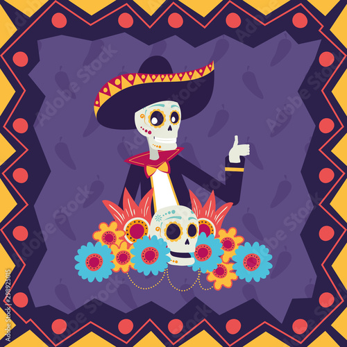 dia de los muertos card with mariachi skull
