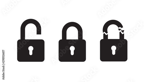 Lock in three variations - open, closed and damaged. Simple icon set in flat vector design isolated on white. Black silhouette. Security concept