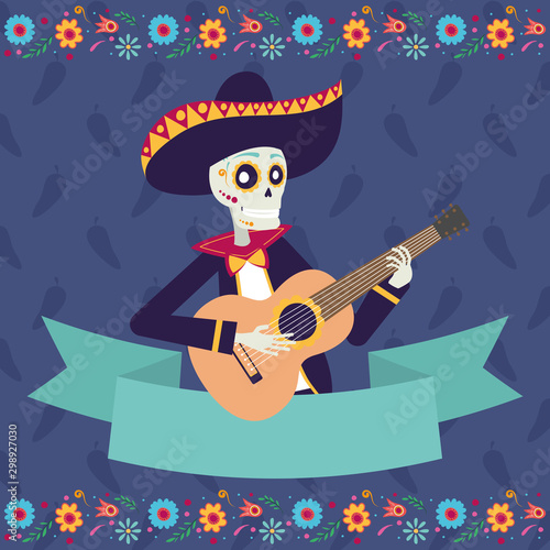 dia de los muertos card with mariachi skul