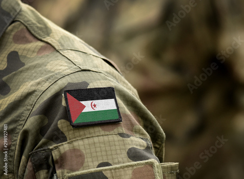 Flag of Sahrawi Arab Democratic Republic on military uniform. Army, troops, soldiers. Collage.