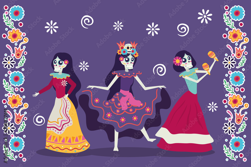 dia de los muertos card with catrinas skulls characters dia de los muertos card with catrinas skulls characters