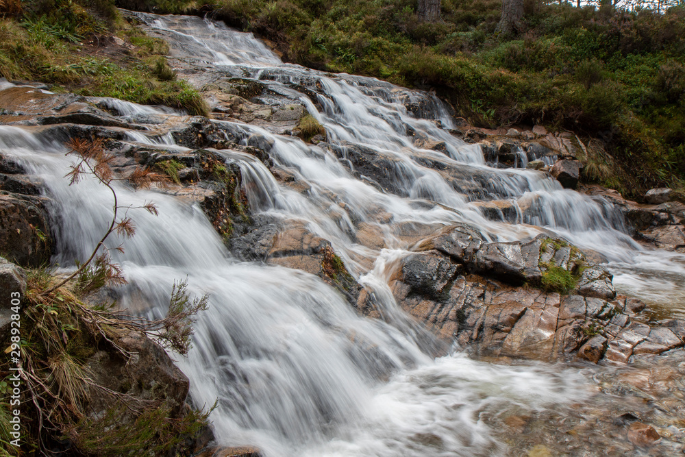 waterfall in the cairngorms national park, Scotland, during the autumn with orange and yellow leaf birch and pine trees and forest background. waterfall in the cairngorms national park, Scotland, during the autumn with orange and yellow leaf birch and pine trees and forest background.