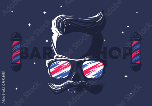 Vector illustration of a skull with a stylish hairstyle and mustache, sunglasses, barbershop,Barbers Pole