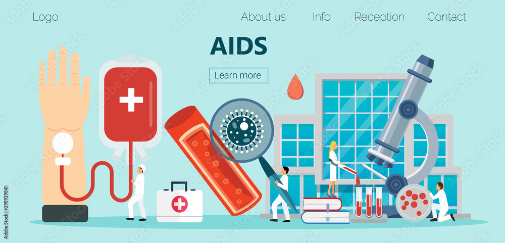 AIDS and HIV health care concept vector for landing page. Tiny doctors check donor blood - obrazy, fototapety, plakaty 