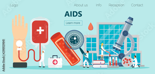 AIDS and HIV health care concept vector for landing page. Tiny doctors check donor blood