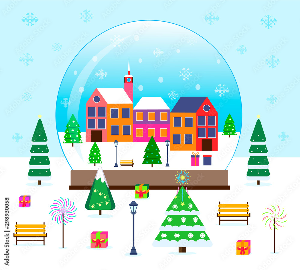 Merry Christmas, winter scene in a snow globe with tiny firs, gifts, houses. Wonderland snowing city park