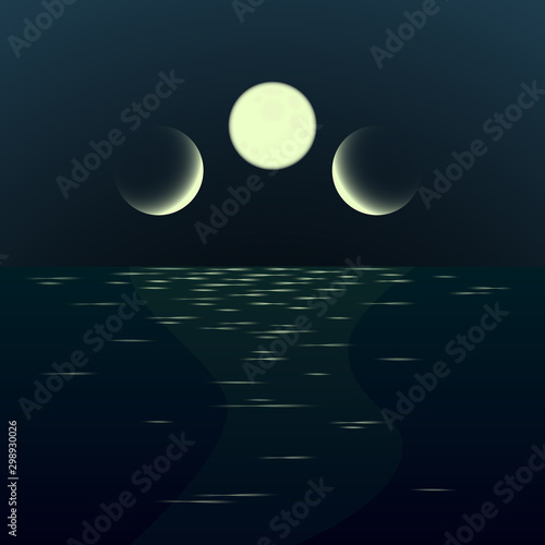 Night fantasy moonrise seascape. Gradient surrealistic landscape with three moons