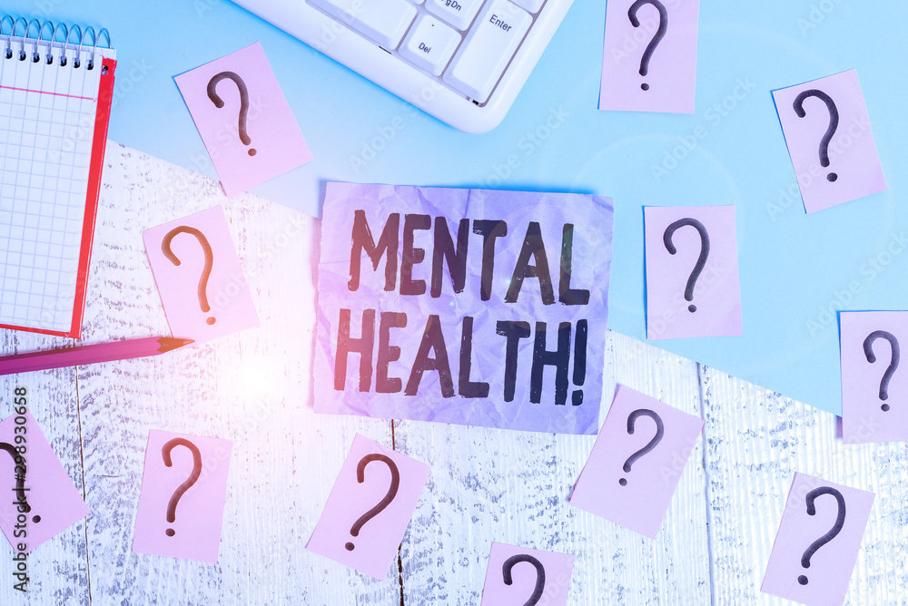 Text sign showing Mental Health. Business photo showcasing demonstratings condition regard to their psychological well being Writing tools, computer stuff and math book sheet on top of wooden table Text sign showing Mental Health. Business photo showcasing demonstratings condition regard to their psychological well being Writing tools, computer stuff and math book sheet on top of wooden table