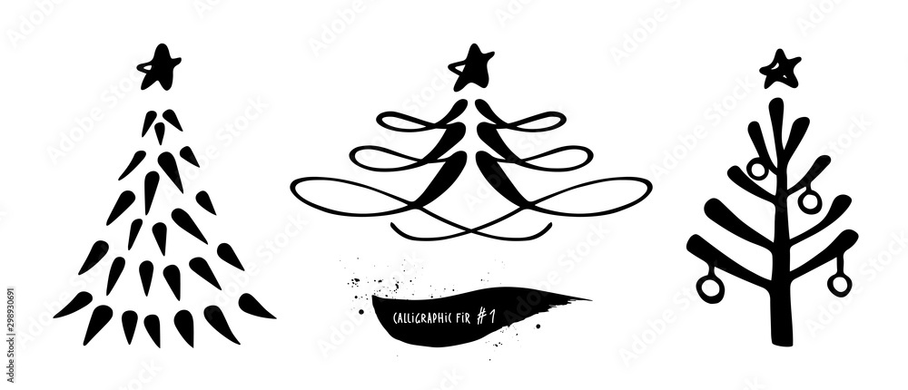 Fototapeta premium Hand drawn Christmas tree symbol with star. Black and white calligraphic style