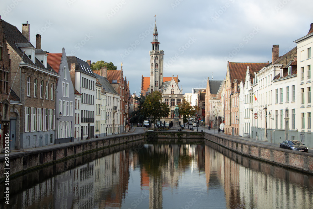Bruges. Flanders. Belgium. Canal with historical buildings of the Middle Ages.