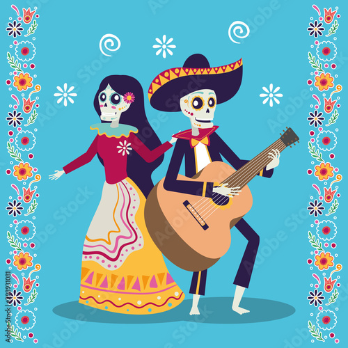 dia de los muertos card with mariachi playing guitar and catrina