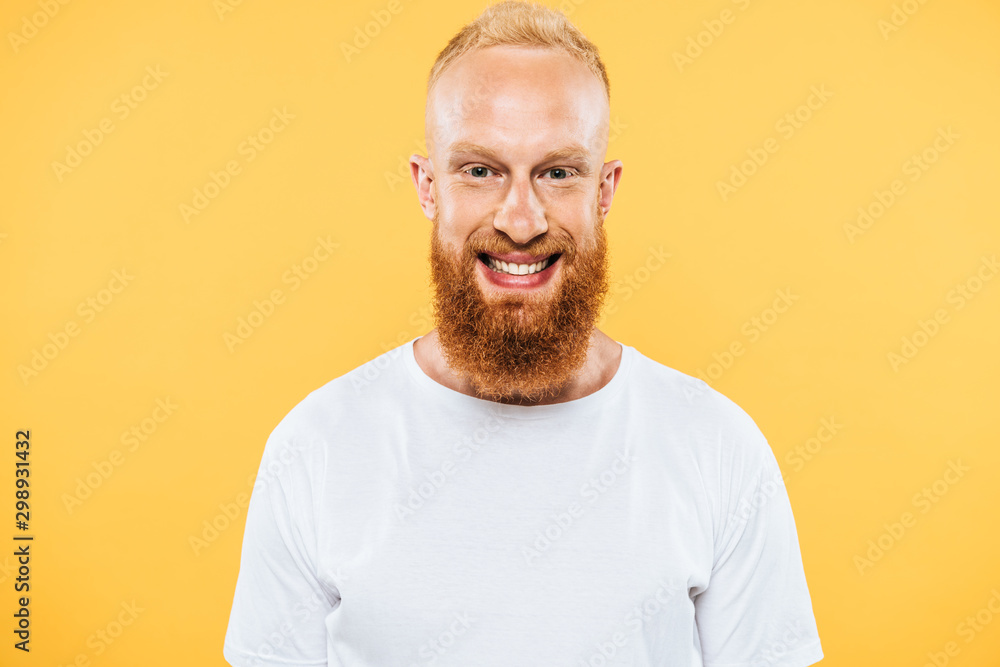 Obraz premium portrait of happy handsome bearded man, isolated on yellow
