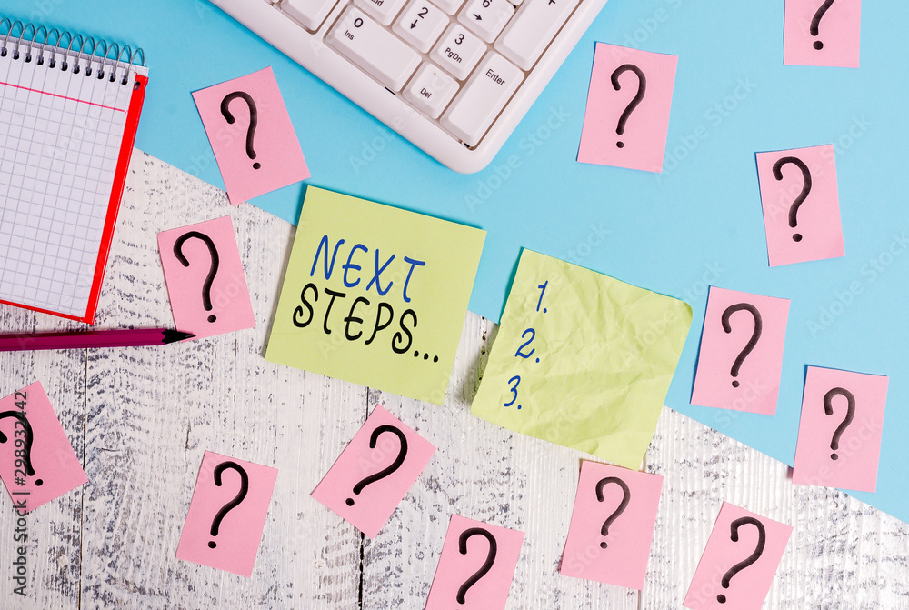 Text sign showing Next Steps. Business photo text something you do or plan after you ve finished something else Writing tools, computer stuff and math book sheet on top of wooden table Text sign showing Next Steps. Business photo text something you do or plan after you ve finished something else Writing tools, computer stuff and math book sheet on top of wooden table